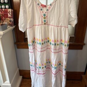 Simply Southern White Maxi Dress with Pink, Yellow and Teal Embroidery